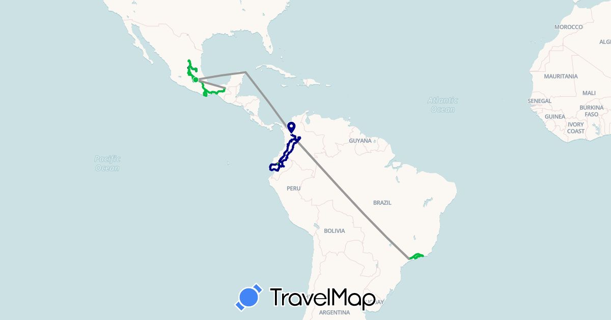 TravelMap itinerary: driving, bus, plane, hiking in Brazil, Colombia, Ecuador, Mexico (North America, South America)